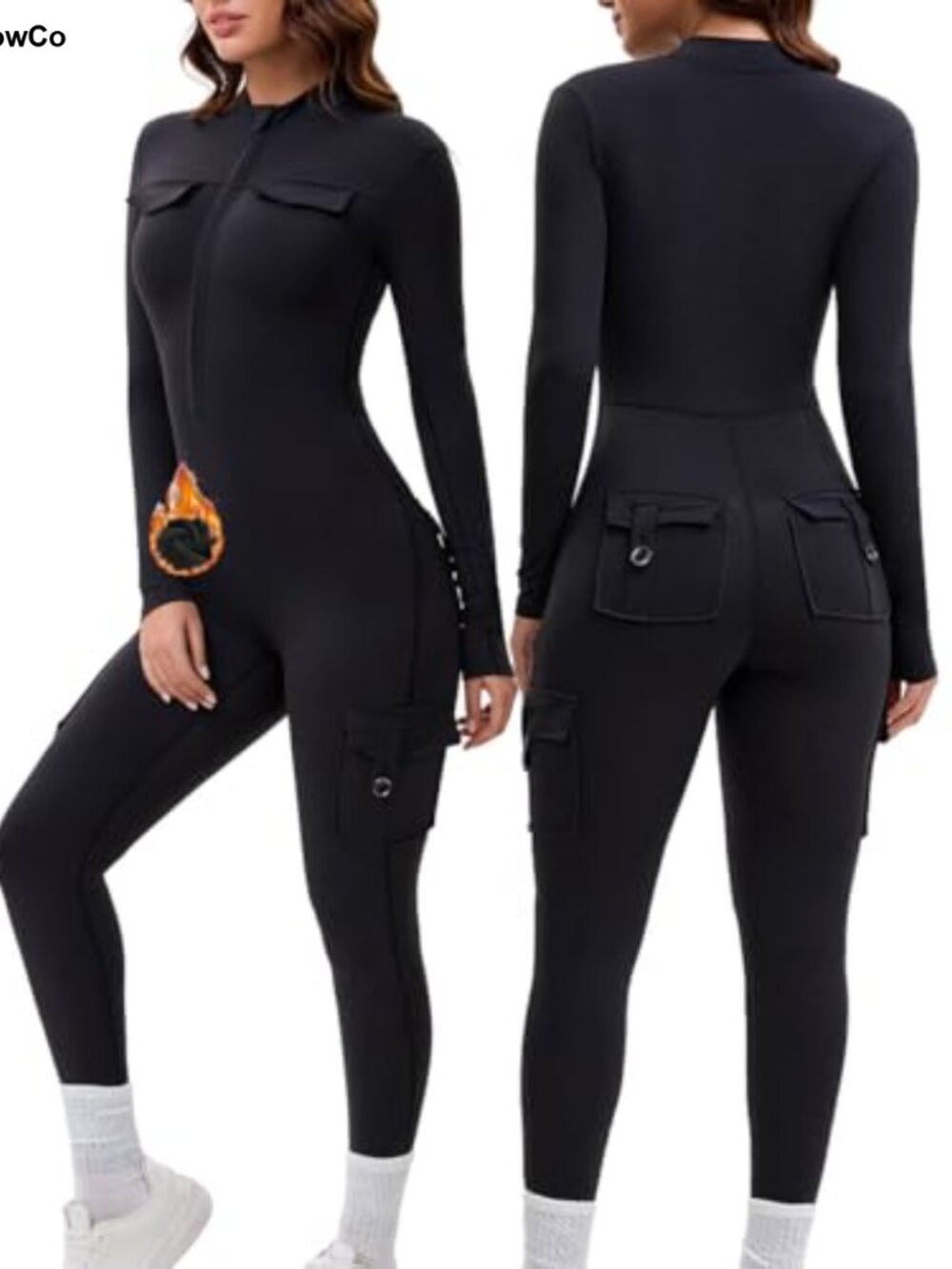 Fleece Lined Long Sleeve Cargo Zip Up Jumpsuit Tummy Control Bodysuit